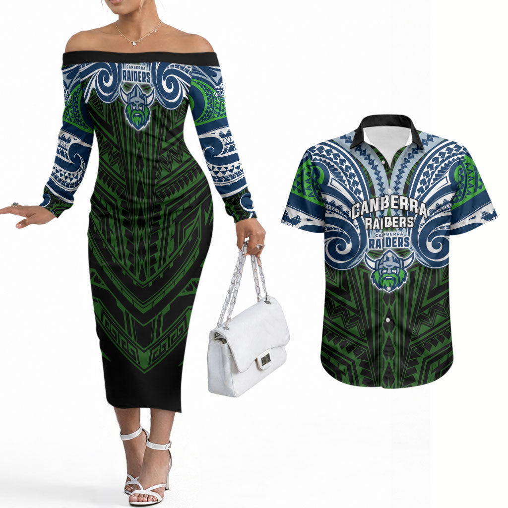 Custom Canberra Raiders Couples Matching Off The Shoulder Long Sleeve Dress and Hawaiian Shirt Viking Warrior Polynesia Islander Rugby Mascot