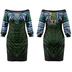 Custom Canberra Raiders Couples Matching Off The Shoulder Long Sleeve Dress and Hawaiian Shirt Viking Warrior Polynesia Islander Rugby Mascot