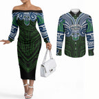 Custom Canberra Raiders Couples Matching Off The Shoulder Long Sleeve Dress and Long Sleeve Button Shirt Viking Warrior Polynesia Islander Rugby Mascot
