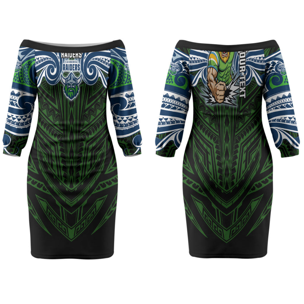 Custom Canberra Raiders Couples Matching Off The Shoulder Long Sleeve Dress and Long Sleeve Button Shirt Viking Warrior Polynesia Islander Rugby Mascot