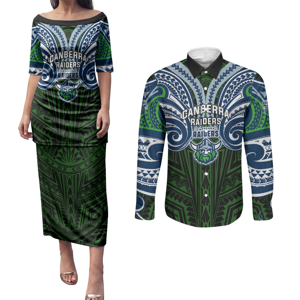 Custom Canberra Raiders Couples Matching Puletasi and Long Sleeve Button Shirt Viking Warrior Polynesia Islander Rugby Mascot