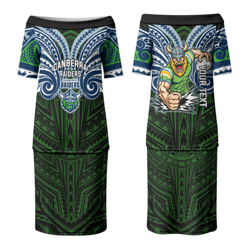 Custom Canberra Raiders Couples Matching Puletasi and Long Sleeve Button Shirt Viking Warrior Polynesia Islander Rugby Mascot