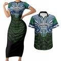 Custom Canberra Raiders Couples Matching Short Sleeve Bodycon Dress and Hawaiian Shirt Viking Warrior Polynesia Islander Rugby Mascot
