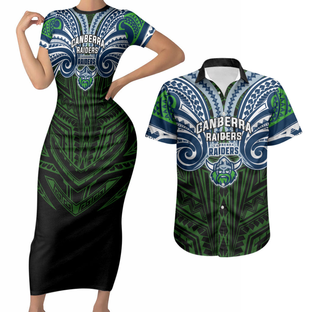 Custom Canberra Raiders Couples Matching Short Sleeve Bodycon Dress and Hawaiian Shirt Viking Warrior Polynesia Islander Rugby Mascot