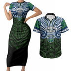 Custom Canberra Raiders Couples Matching Short Sleeve Bodycon Dress and Hawaiian Shirt Viking Warrior Polynesia Islander Rugby Mascot