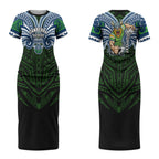 Custom Canberra Raiders Couples Matching Short Sleeve Bodycon Dress and Hawaiian Shirt Viking Warrior Polynesia Islander Rugby Mascot
