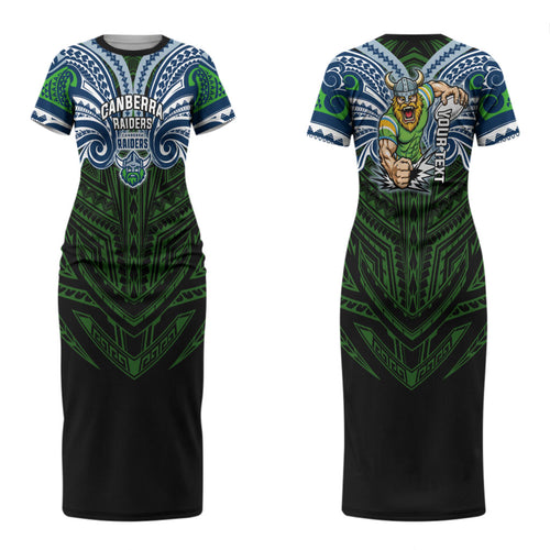 Custom Canberra Raiders Couples Matching Short Sleeve Bodycon Dress and Hawaiian Shirt Viking Warrior Polynesia Islander Rugby Mascot