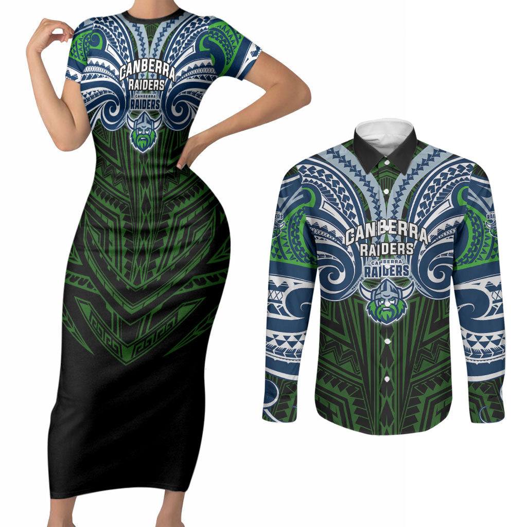 Custom Canberra Raiders Couples Matching Short Sleeve Bodycon Dress and Long Sleeve Button Shirt Viking Warrior Polynesia Islander Rugby Mascot