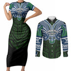 Custom Canberra Raiders Couples Matching Short Sleeve Bodycon Dress and Long Sleeve Button Shirt Viking Warrior Polynesia Islander Rugby Mascot