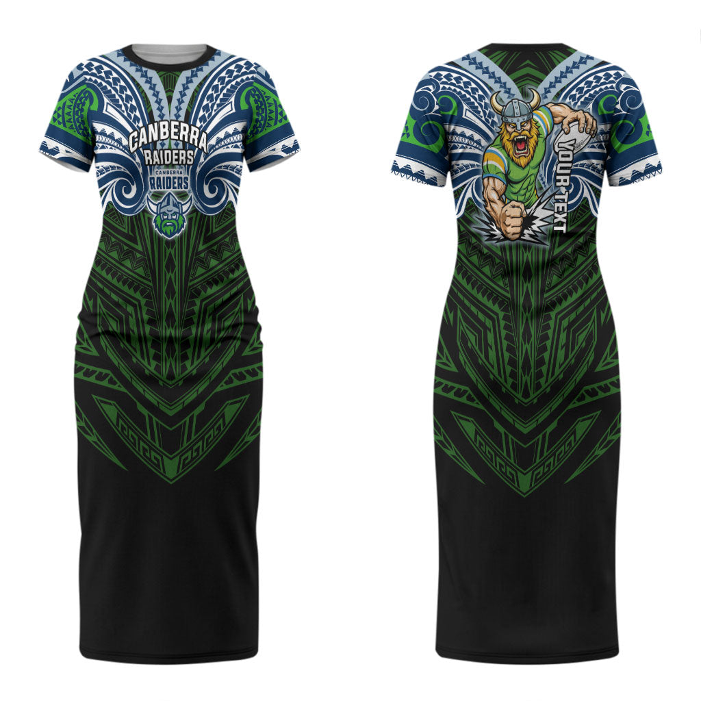 Custom Canberra Raiders Couples Matching Short Sleeve Bodycon Dress and Long Sleeve Button Shirt Viking Warrior Polynesia Islander Rugby Mascot