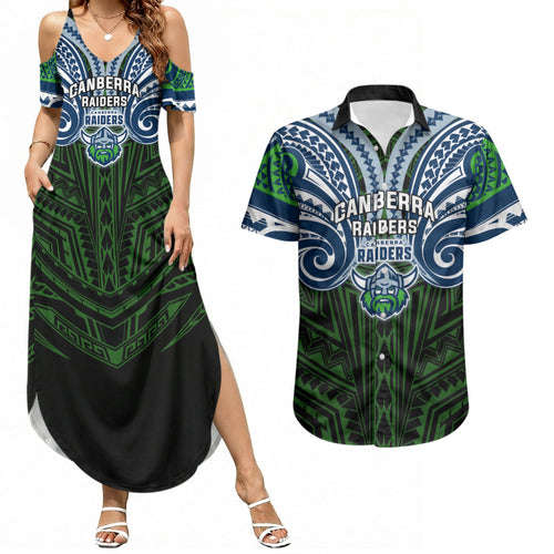 Custom Canberra Raiders Couples Matching Summer Maxi Dress and Hawaiian Shirt Viking Warrior Polynesia Islander Rugby Mascot