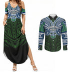 Custom Canberra Raiders Couples Matching Summer Maxi Dress and Long Sleeve Button Shirt Viking Warrior Polynesia Islander Rugby Mascot
