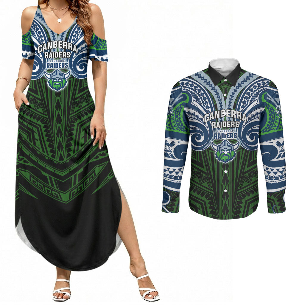 Custom Canberra Raiders Couples Matching Summer Maxi Dress and Long Sleeve Button Shirt Viking Warrior Polynesia Islander Rugby Mascot