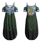 Custom Canberra Raiders Couples Matching Summer Maxi Dress and Long Sleeve Button Shirt Viking Warrior Polynesia Islander Rugby Mascot