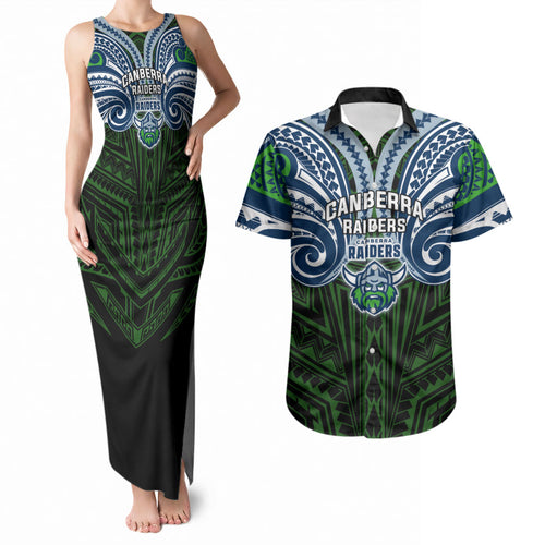 Custom Canberra Raiders Couples Matching Tank Maxi Dress and Hawaiian Shirt Viking Warrior Polynesia Islander Rugby Mascot