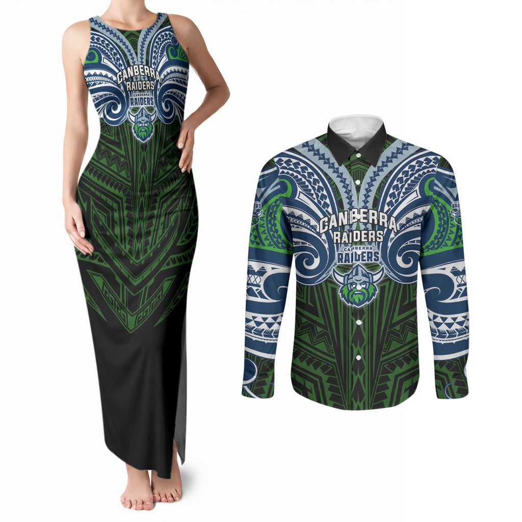 Custom Canberra Raiders Couples Matching Tank Maxi Dress and Long Sleeve Button Shirt Viking Warrior Polynesia Islander Rugby Mascot