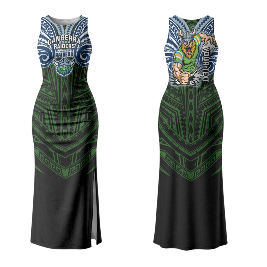 Custom Canberra Raiders Couples Matching Tank Maxi Dress and Long Sleeve Button Shirt Viking Warrior Polynesia Islander Rugby Mascot