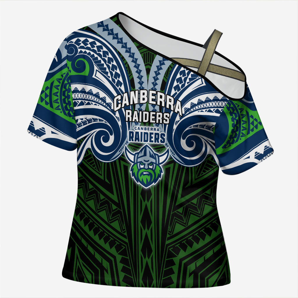 Custom Canberra Raiders Cross Shoulder Shirt Viking Warrior Polynesia Islander Rugby Mascot