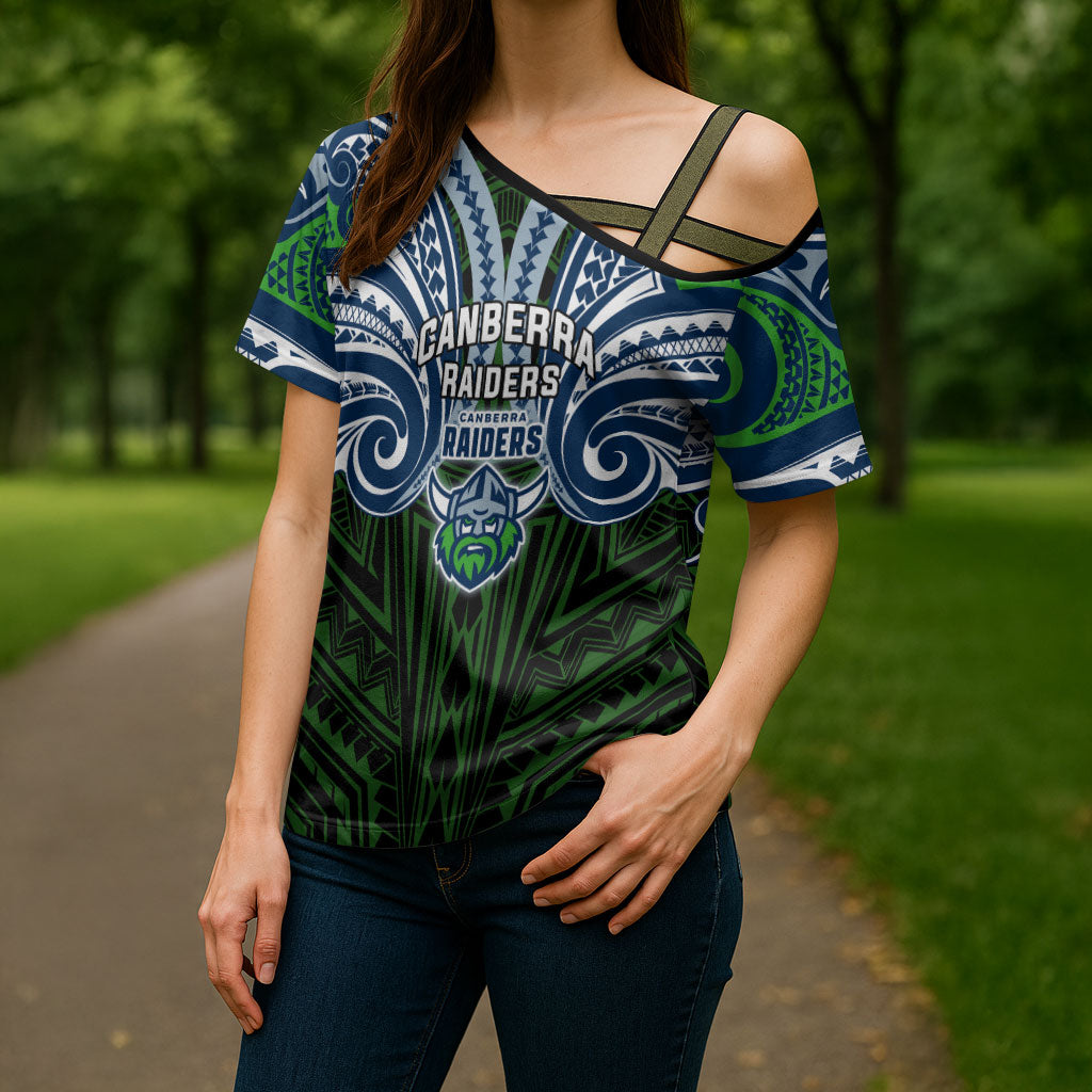 Custom Canberra Raiders Cross Shoulder Shirt Viking Warrior Polynesia Islander Rugby Mascot