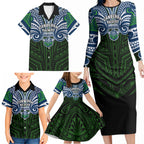 Custom Canberra Raiders Family Matching Long Sleeve Bodycon Dress and Hawaiian Shirt Viking Warrior Polynesia Islander Rugby Mascot