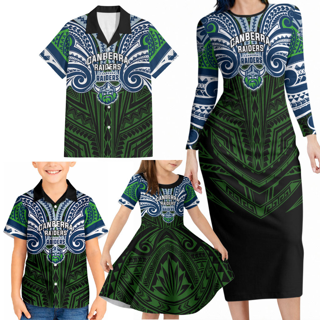 Custom Canberra Raiders Family Matching Long Sleeve Bodycon Dress and Hawaiian Shirt Viking Warrior Polynesia Islander Rugby Mascot