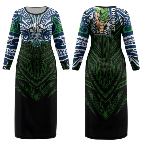 Custom Canberra Raiders Family Matching Long Sleeve Bodycon Dress and Hawaiian Shirt Viking Warrior Polynesia Islander Rugby Mascot
