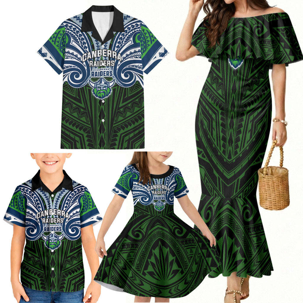 Custom Canberra Raiders Family Matching Mermaid Dress and Hawaiian Shirt Viking Warrior Polynesia Islander Rugby Mascot