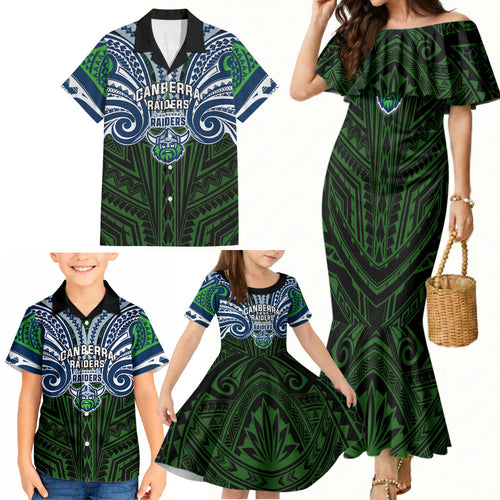 Custom Canberra Raiders Family Matching Mermaid Dress and Hawaiian Shirt Viking Warrior Polynesia Islander Rugby Mascot
