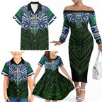 Custom Canberra Raiders Family Matching Off The Shoulder Long Sleeve Dress and Hawaiian Shirt Viking Warrior Polynesia Islander Rugby Mascot