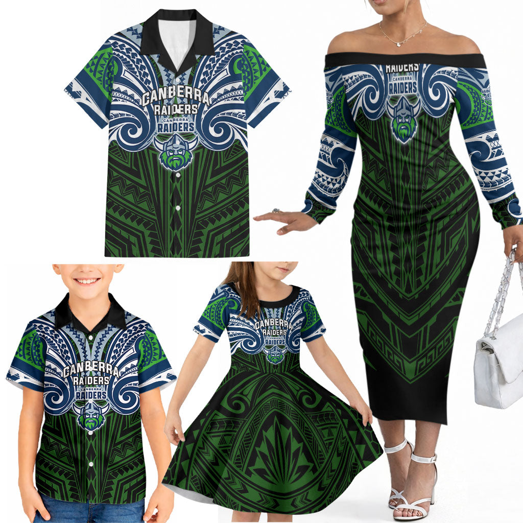 Custom Canberra Raiders Family Matching Off The Shoulder Long Sleeve Dress and Hawaiian Shirt Viking Warrior Polynesia Islander Rugby Mascot