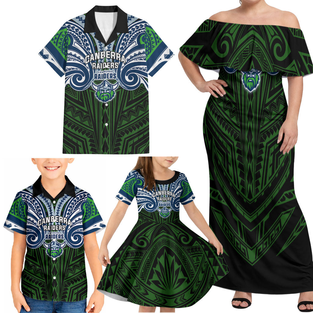 Custom Canberra Raiders Family Matching Off Shoulder Maxi Dress and Hawaiian Shirt Viking Warrior Polynesia Islander Rugby Mascot