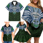 Custom Canberra Raiders Family Matching Off Shoulder Short Dress and Hawaiian Shirt Viking Warrior Polynesia Islander Rugby Mascot