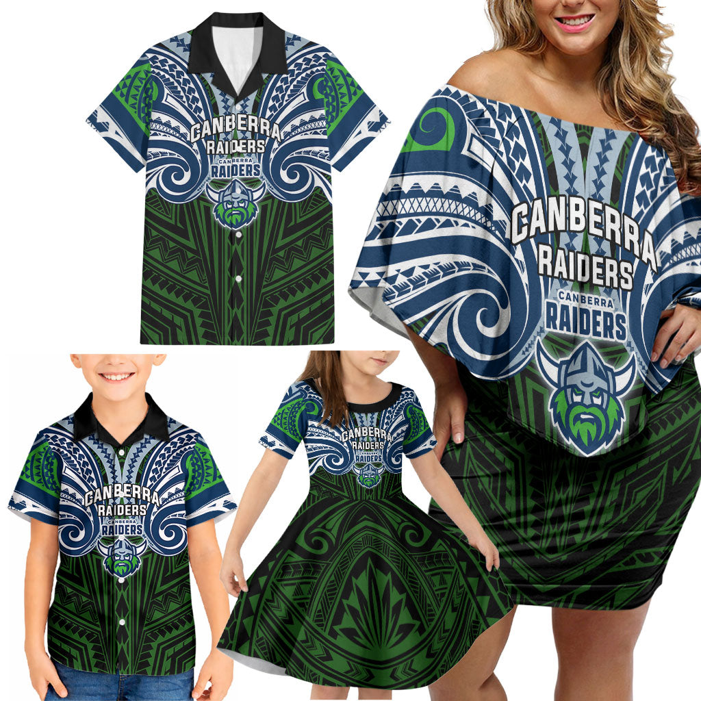 Custom Canberra Raiders Family Matching Off Shoulder Short Dress and Hawaiian Shirt Viking Warrior Polynesia Islander Rugby Mascot