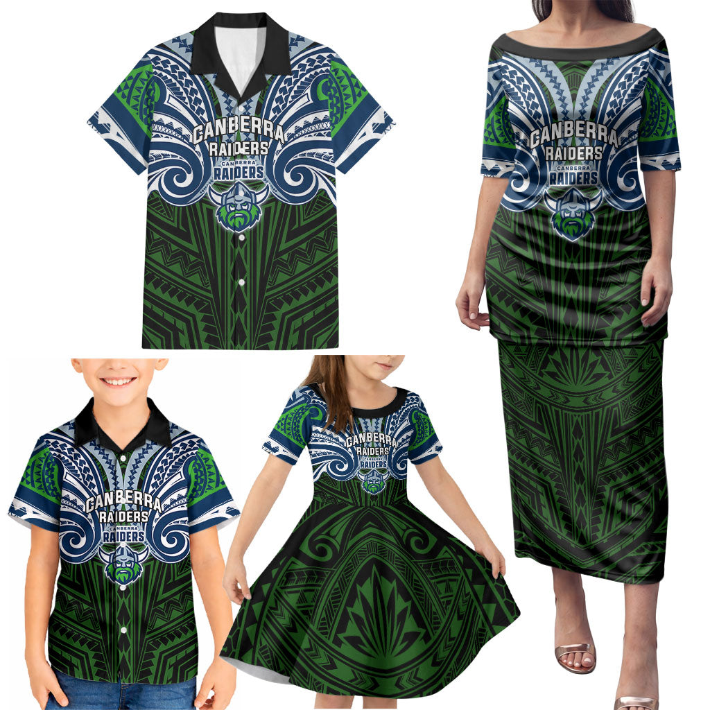 Custom Canberra Raiders Family Matching Puletasi and Hawaiian Shirt Viking Warrior Polynesia Islander Rugby Mascot