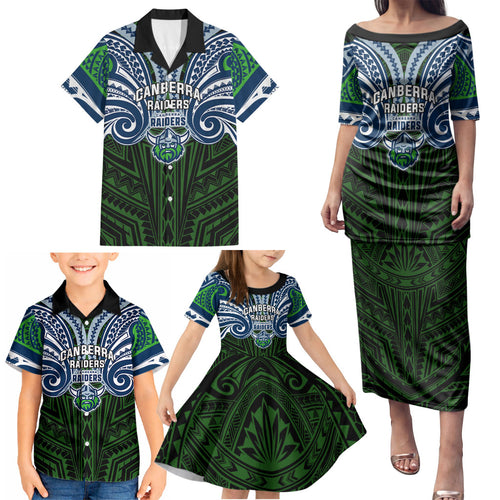 Custom Canberra Raiders Family Matching Puletasi and Hawaiian Shirt Viking Warrior Polynesia Islander Rugby Mascot