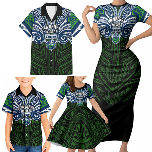 Custom Canberra Raiders Family Matching Short Sleeve Bodycon Dress and Hawaiian Shirt Viking Warrior Polynesia Islander Rugby Mascot