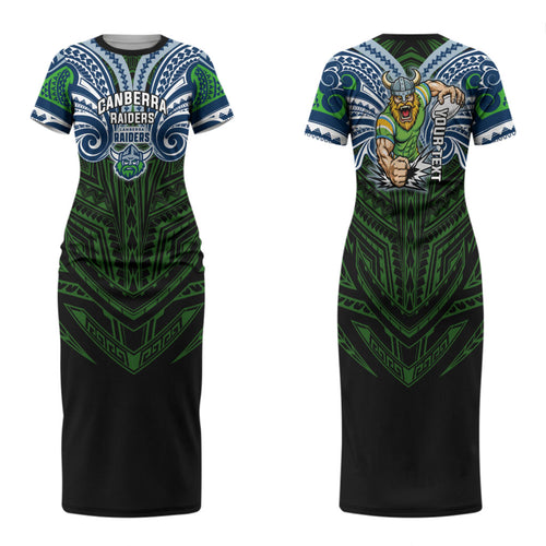 Custom Canberra Raiders Family Matching Short Sleeve Bodycon Dress and Hawaiian Shirt Viking Warrior Polynesia Islander Rugby Mascot