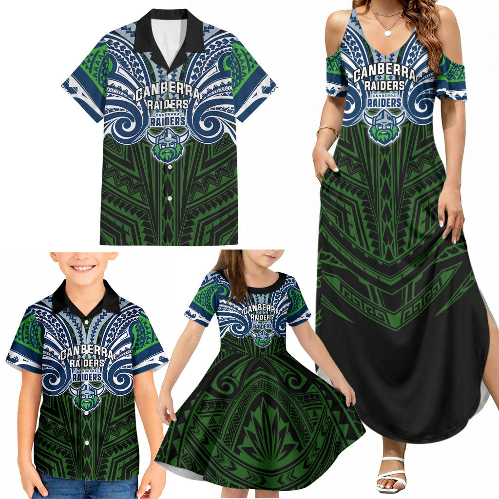 Custom Canberra Raiders Family Matching Summer Maxi Dress and Hawaiian Shirt Viking Warrior Polynesia Islander Rugby Mascot