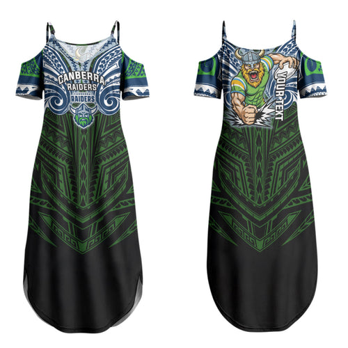 Custom Canberra Raiders Family Matching Summer Maxi Dress and Hawaiian Shirt Viking Warrior Polynesia Islander Rugby Mascot