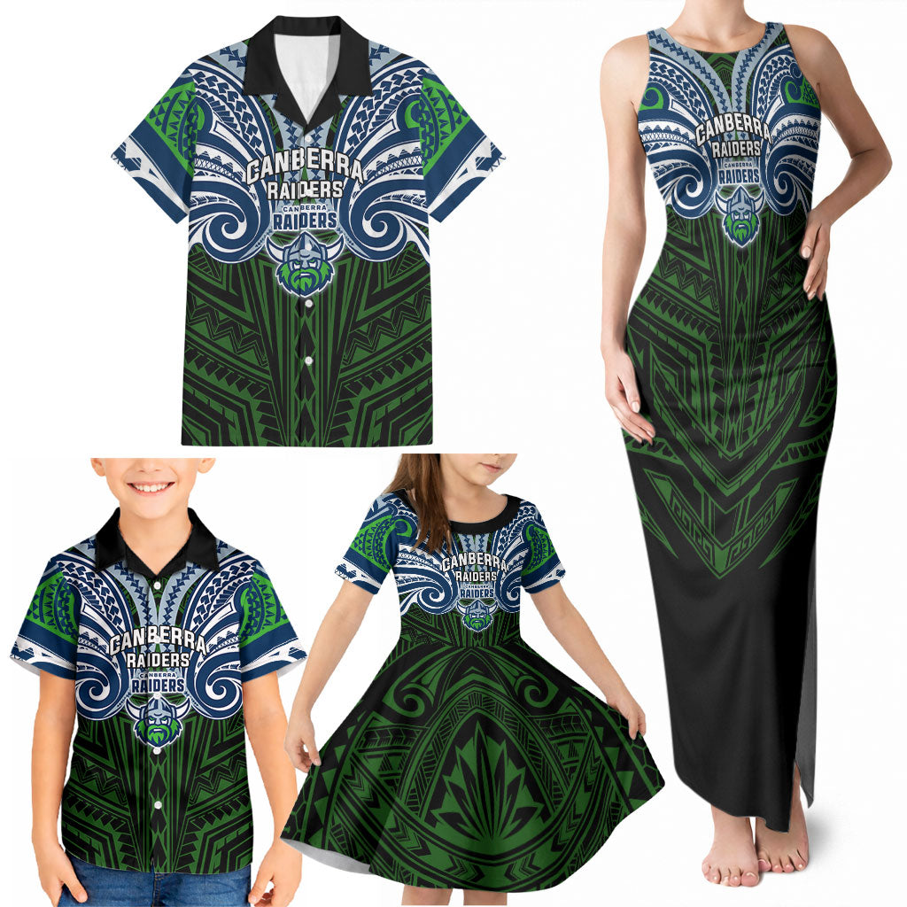 Custom Canberra Raiders Family Matching Tank Maxi Dress and Hawaiian Shirt Viking Warrior Polynesia Islander Rugby Mascot
