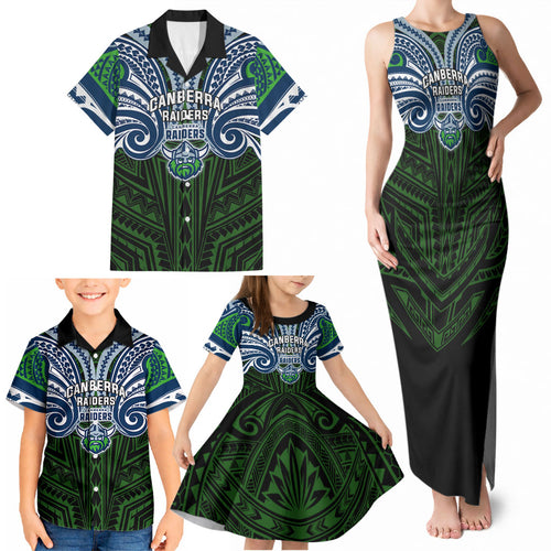 Custom Canberra Raiders Family Matching Tank Maxi Dress and Hawaiian Shirt Viking Warrior Polynesia Islander Rugby Mascot