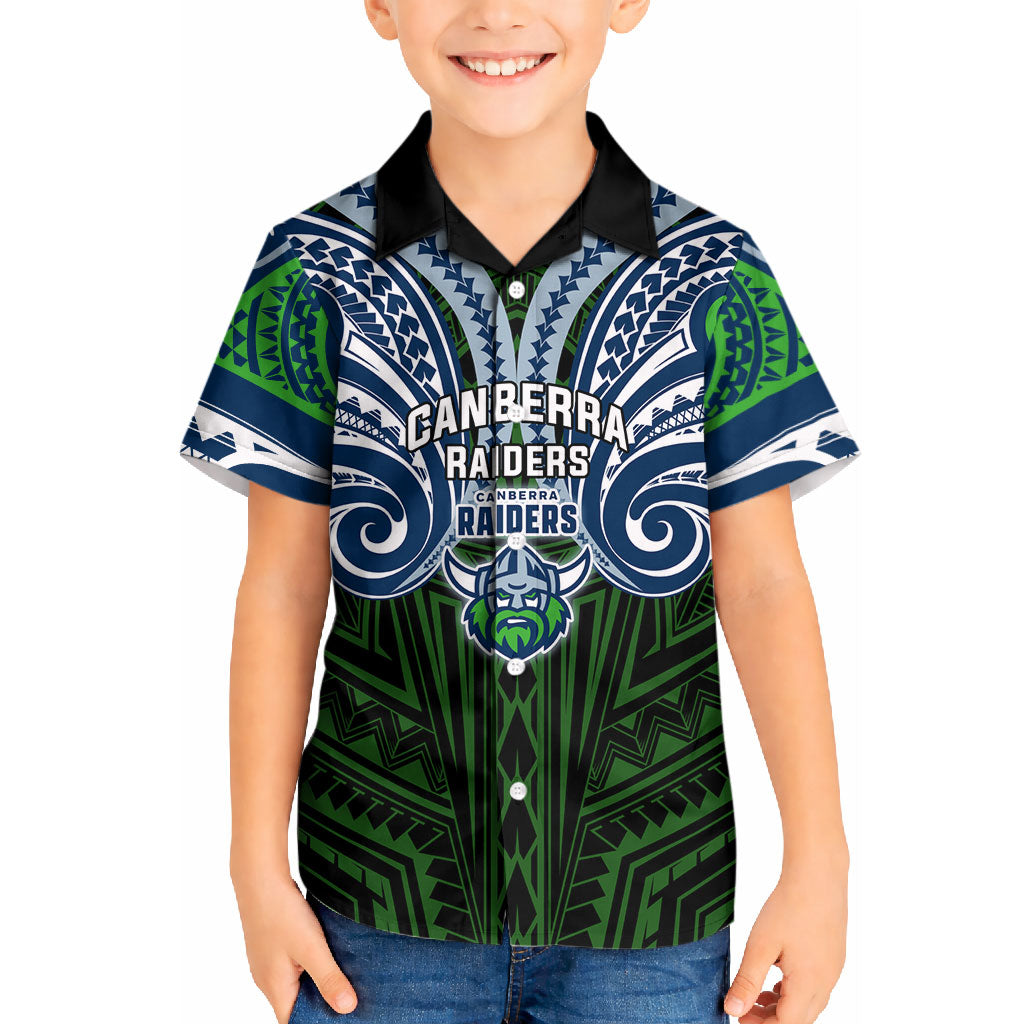 Custom Canberra Raiders Kid Hawaiian Shirt Viking Warrior Polynesia Islander Rugby Mascot