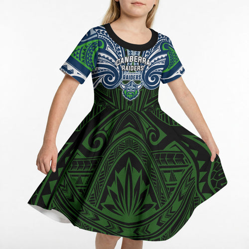 Custom Canberra Raiders Kid Short Sleeve Dress Viking Warrior Polynesia Islander Rugby Mascot