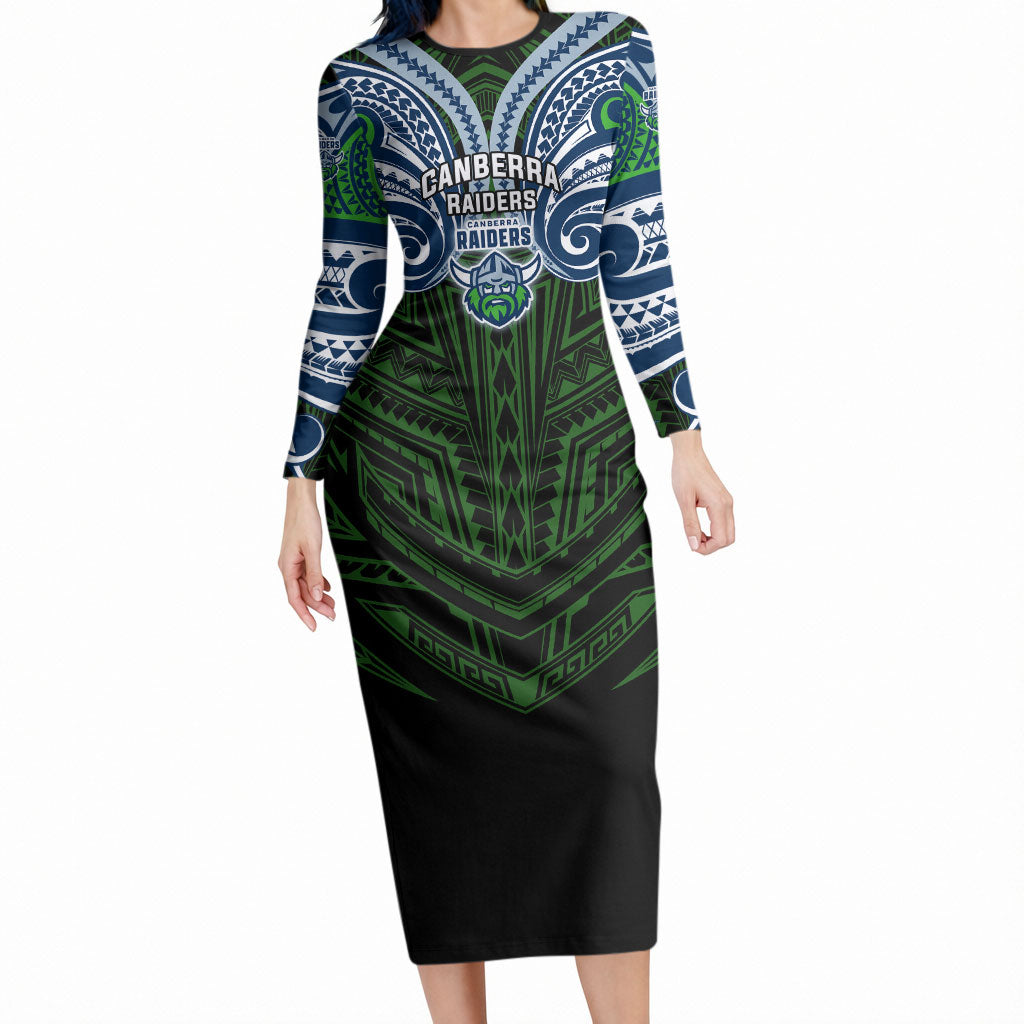 Custom Canberra Raiders Long Sleeve Bodycon Dress Viking Warrior Polynesia Islander Rugby Mascot