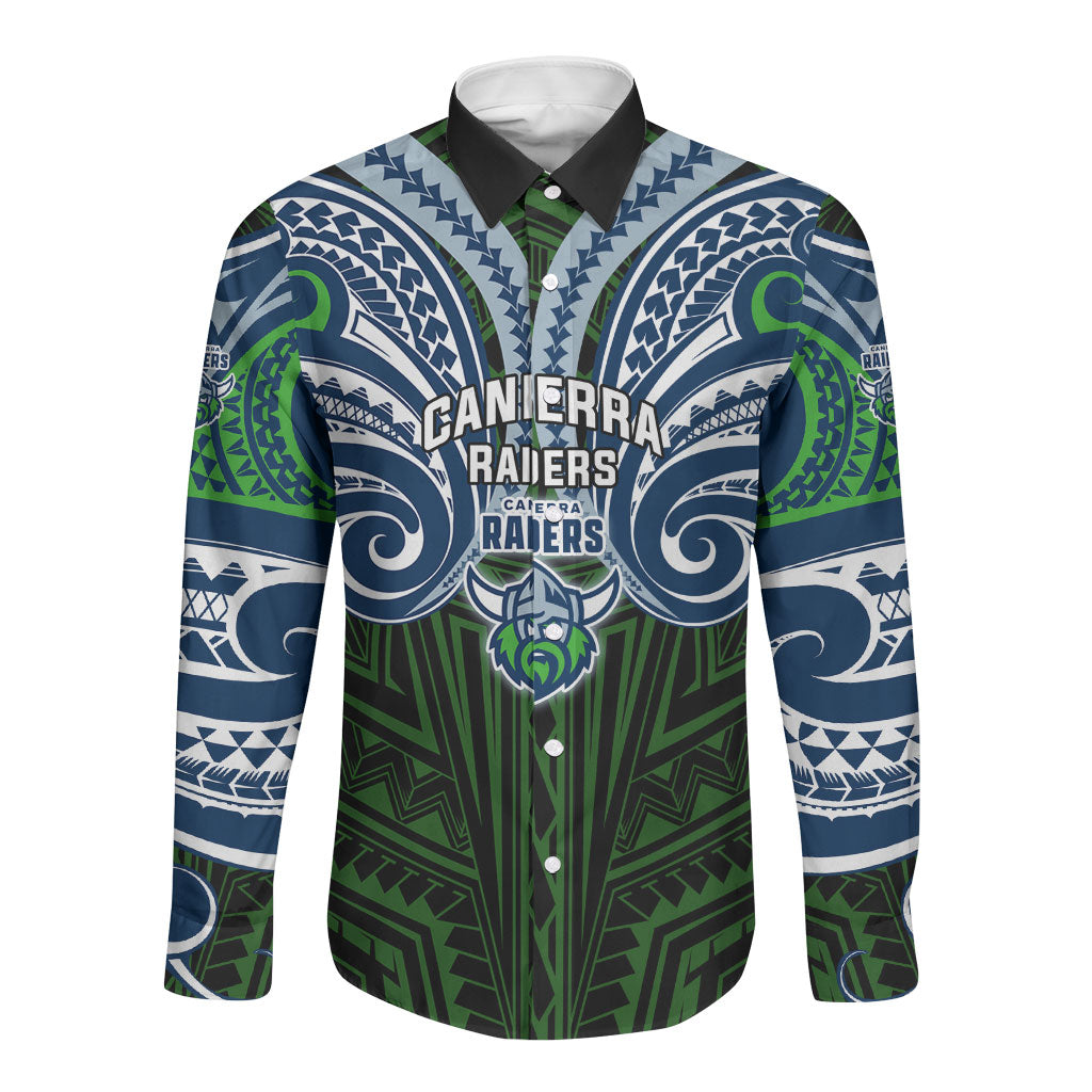 Custom Canberra Raiders Long Sleeve Button Shirt Viking Warrior Polynesia Islander Rugby Mascot