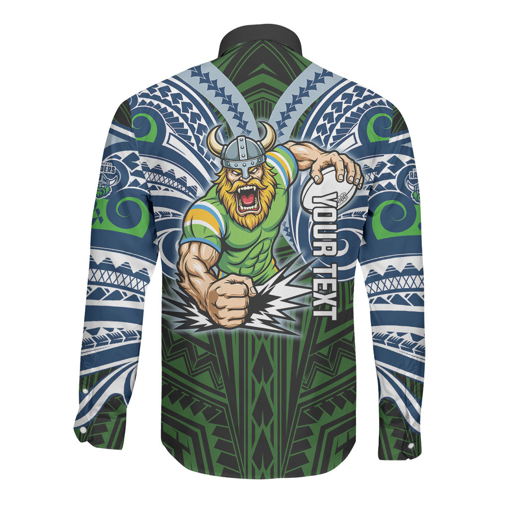 Custom Canberra Raiders Long Sleeve Button Shirt Viking Warrior Polynesia Islander Rugby Mascot
