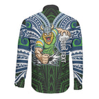 Custom Canberra Raiders Long Sleeve Button Shirt Viking Warrior Polynesia Islander Rugby Mascot