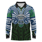 Custom Canberra Raiders Long Sleeve Polo Shirt Viking Warrior Polynesia Islander Rugby Mascot