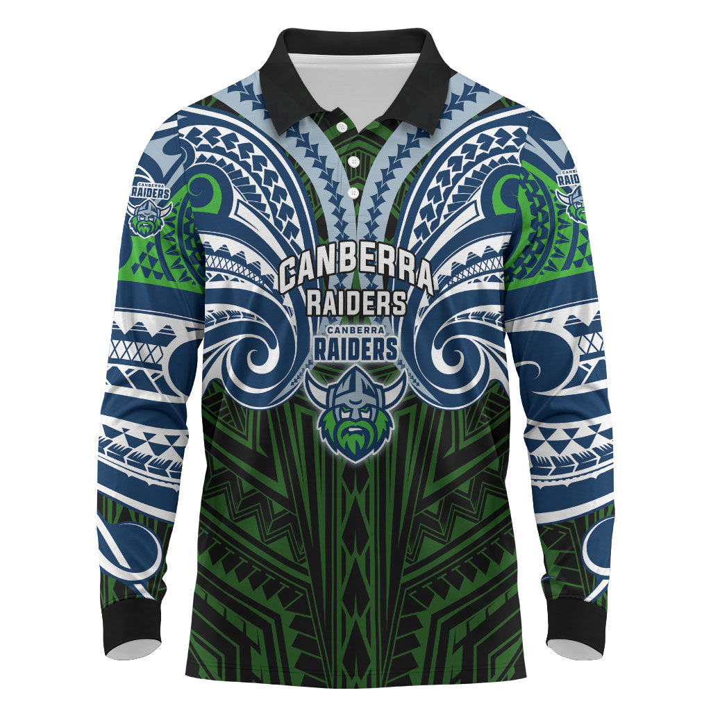 Custom Canberra Raiders Long Sleeve Polo Shirt Viking Warrior Polynesia Islander Rugby Mascot