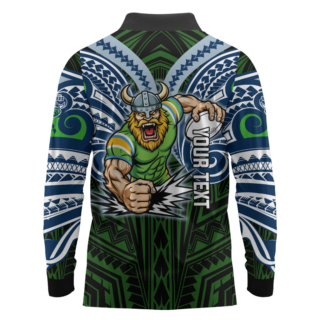 Custom Canberra Raiders Long Sleeve Polo Shirt Viking Warrior Polynesia Islander Rugby Mascot